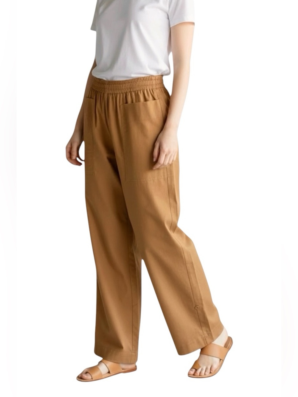 Story Made in LA High Rise Straight Leg 100% Cotton Pants Camel Tan Medium